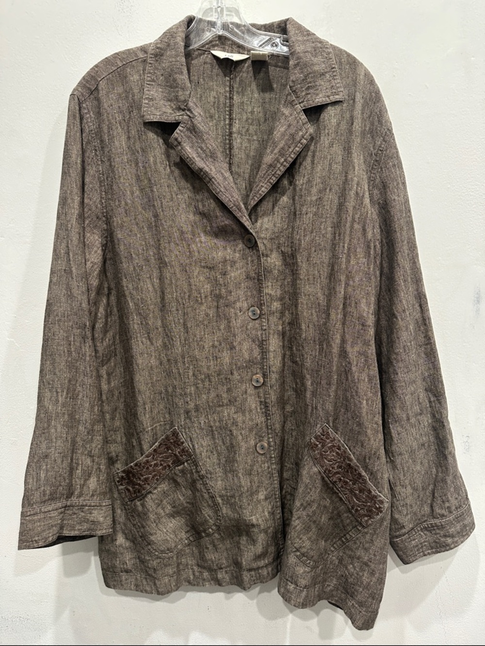 J. Jill Linen Jacket blazer  XL tall brown embroidered pockets Lagenlook coastal
